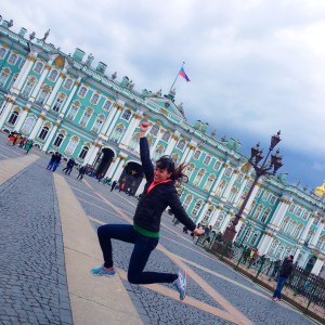 In front of the Hermitage Museum in St. Petersburg, Russia.